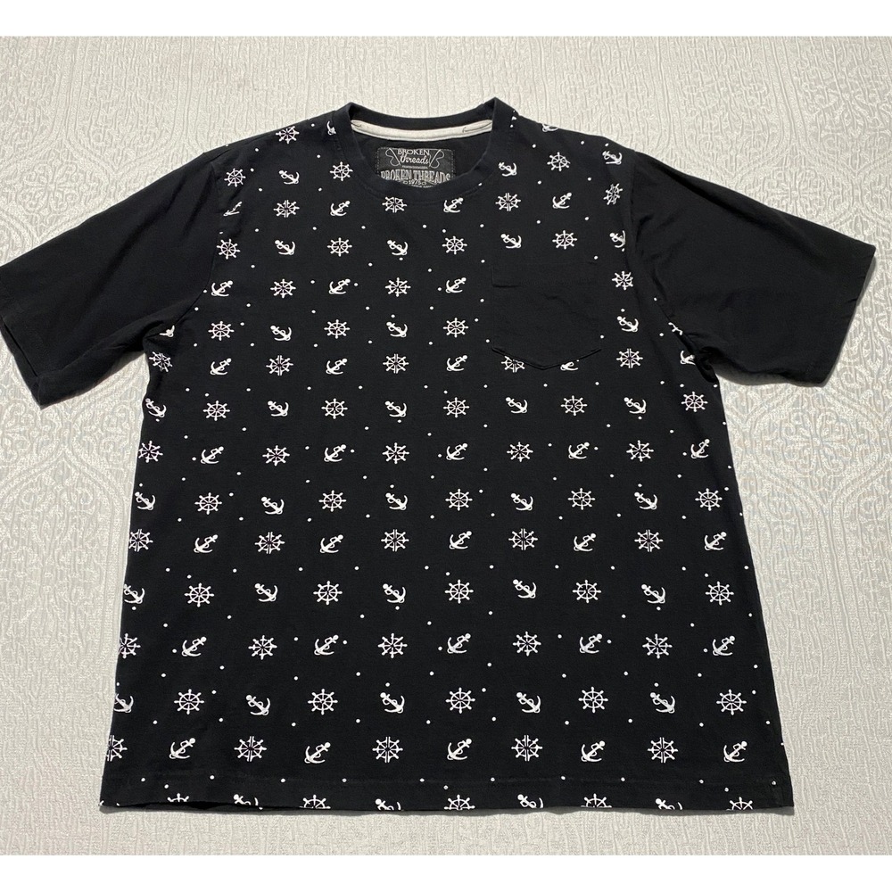 Broken Threads Mens Large Black Nautical Anchor Ship Wheel Pocket T-Shirt Cotton